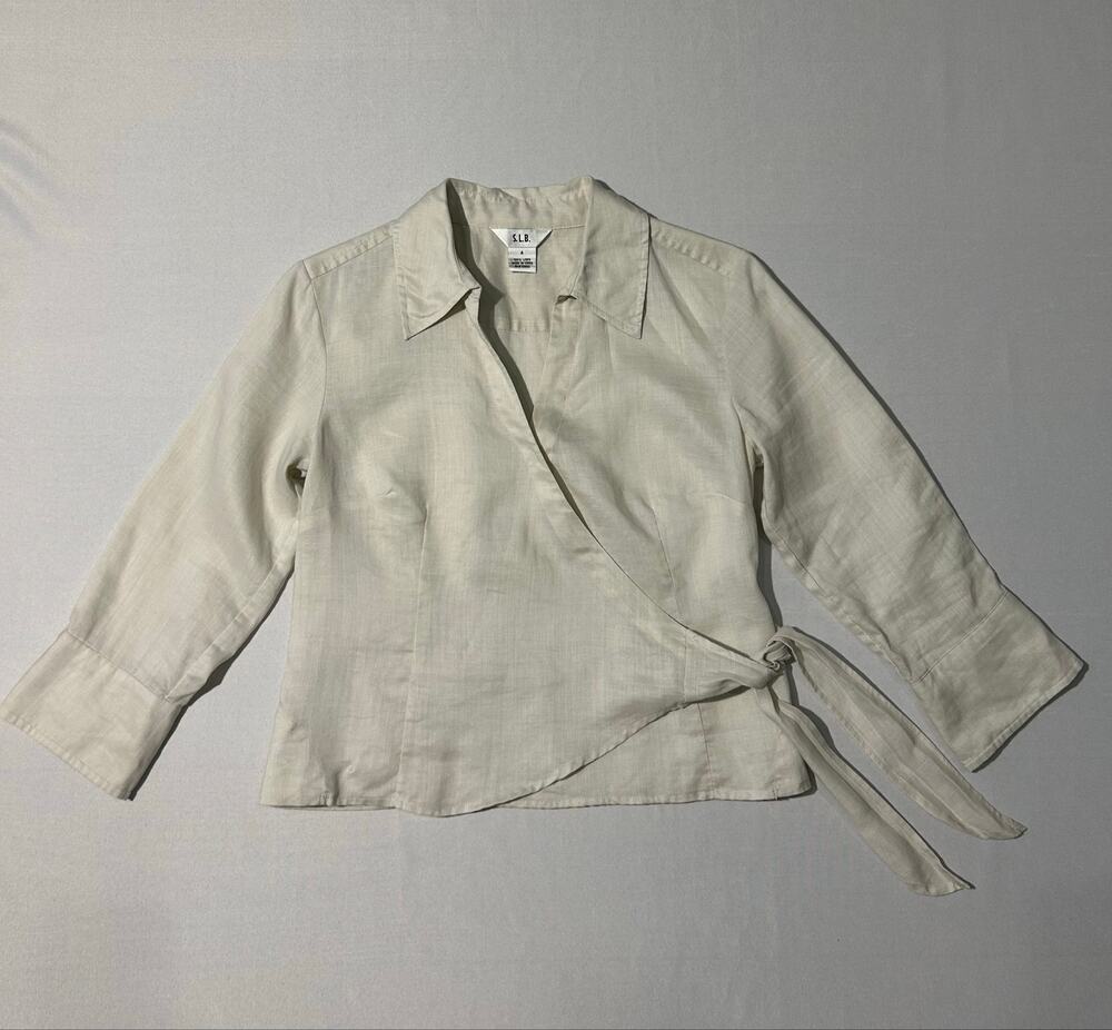 S.L.B 100% Linen Front-Wrap Blouse Cream Size 4